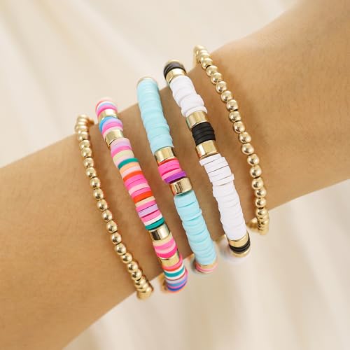 Friendship Bracelets for Women - Heishi Surfer Colorful Smile Evil Eye Clay Beaded Stretch Bracelets Elastic Layering - Stackable Boho Disc Y2K Aesthetic Summer Jewelry Set. - color: D-Clay 5pc - Colorful
