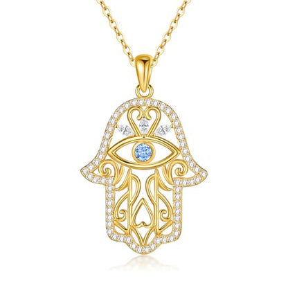 Hamsa Necklace 925 Sterling Silver Evil Eye/Lotus Flower/Star of David/Chai/Yin Yang Hamsa Hand Pendant Jewelry Hand of Fatima Gifts for Women - style: Evil Eye-Gold