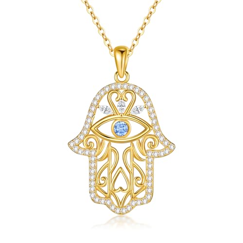 Hamsa Necklace 925 Sterling Silver Evil Eye/Lotus Flower/Star of David/Chai/Yin Yang Hamsa Hand Pendant Jewelry Hand of Fatima Gifts for Women - style: Evil Eye-Gold