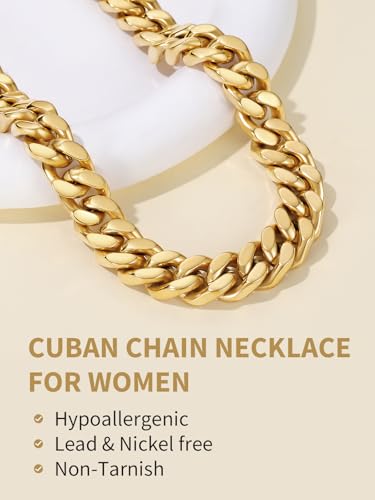 FindChic Cuban Link Chain Necklace for Women Men, Silver/Gold Plated Stainless Steel Solid Miami Curb Chain Hip Hop Punk Statement Jewelry, 5/12/14mm Width, 16/18/20 Inch Length, with Gift Box - color: 04. 12mm-Gold, size: 16inches