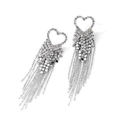 Luxval Rhinestone Earrings Dangling for Women Sparkly Silver Dangle Earrings Girls Long Chandelier Earrings Tassel Lightweight Ear Studs Cubic Zirconia Crystal Statement - color: Silver-Heart Tassel Crystal