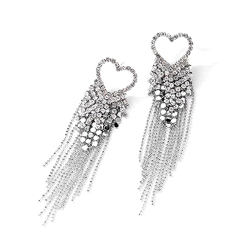 Luxval Rhinestone Earrings Dangling for Women Sparkly Silver Dangle Earrings Girls Long Chandelier Earrings Tassel Lightweight Ear Studs Cubic Zirconia Crystal Statement - color: Silver-Heart Tassel Crystal