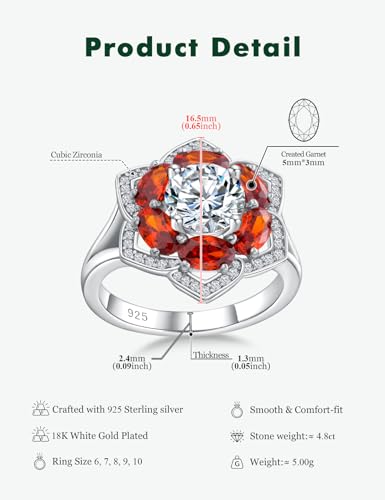 Flower Engagement Promise Ring Sterling Silver Birthstone Rings for Women Sapphire/Emerald/Ruby Gemstone Six Leaf Clover Statement Cocktail Ring Size 6 to 10 - style: 01. January-Created Garnet