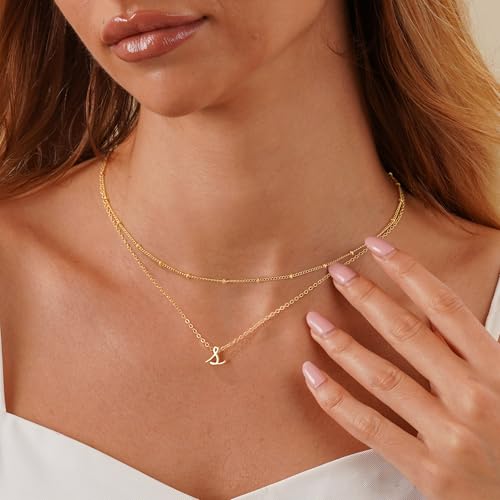 Yoosteel Layered Initial Necklaces for Women Teen Girls Letter A-Z Necklace | 14K Gold/Silver-Plated, Cursive Letter Necklace, Initial Necklace Stack, Birthday Gifts for Women Teen Girls Jewelry - color: Gold, style: V