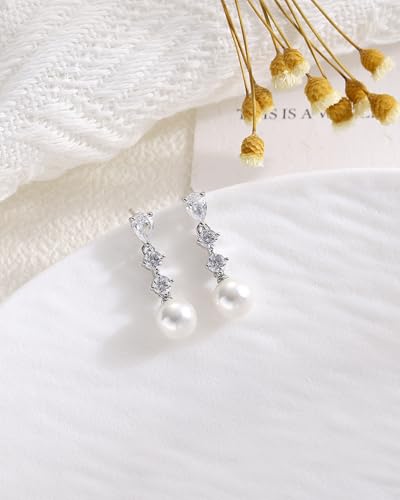 Pearl Earrings for Women, 14k Gold Plated Trendy Diamond Pearl Drop Earrings Bridal Shower Gifts Wedding jewelry for Women - color: Style F Silver