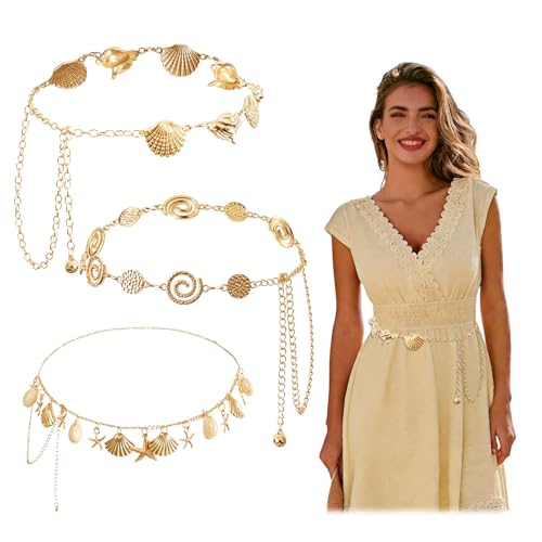 3 Pcs Gold Chain Belt for Women, Adjustable Waist Chain with Clover Butterfly Disc Pendants, Body Jewelry, Boho Belts for Women, Summer Beach Party - color: Gold-4