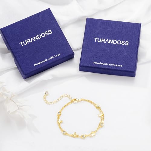 Turandoss Bracelets for Women Trendy | 14K Gold Plated, Dainty CZ Satellite Beads Heart Bracelet Stackable Link Chain Butterfly Bracelet Set Jewelry Gifts - color: Cubic Zircon Butterfly Link Bracelet