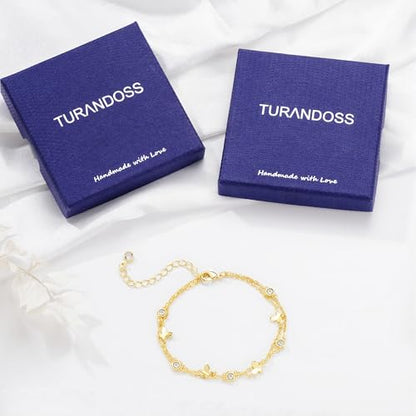 Turandoss Bracelets for Women Trendy | 14K Gold Plated, Dainty CZ Satellite Beads Heart Bracelet Stackable Link Chain Butterfly Bracelet Set Jewelry Gifts - color: Cubic Zircon Butterfly Link Bracelet