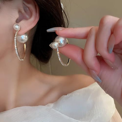 Large Pearl Rhinestone Crystal Hoop Earrings for Women,Gold Silver Cubic Zirconia Statement Hoop Earrings Party Holiday Jewelry Gifts