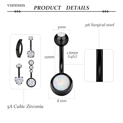 Vsnnsns 14G Clicker Belly Button Ring Piercing Jewelry 316L Stainless Surgical Steel Diamond CZ Navel Rings Clear CZ Clip Belly Button Ring Piercing Jewelry for Women Men 14 Gauge 10MM 12MM - color: 12MM-Black-CZ