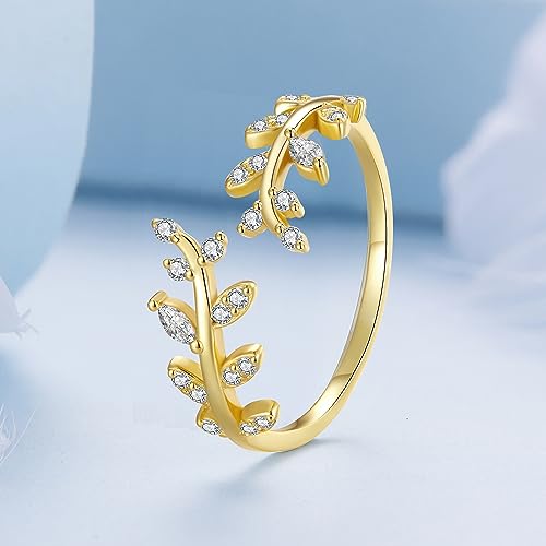 MUNDELL 925 Sterling Silver Simple Multi-layer Leaf Adjustable Ring Green Lucky Leaves Statement Ring for Women Promise Ring Fine Jewelry - color: Golden Leaf