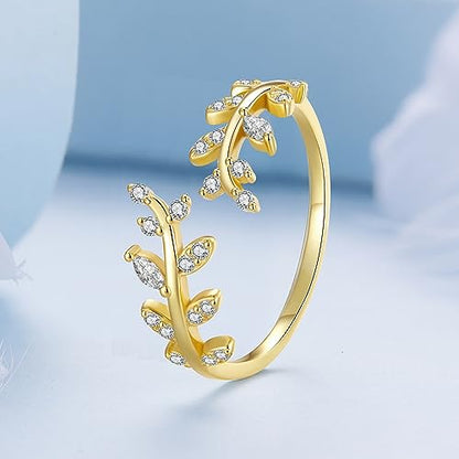 MUNDELL 925 Sterling Silver Simple Multi-layer Leaf Adjustable Ring Green Lucky Leaves Statement Ring for Women Promise Ring Fine Jewelry - color: Golden Leaf