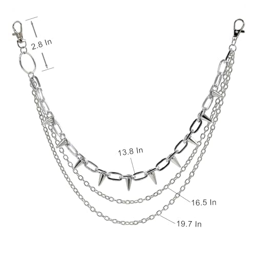 Hip Hop Punk Pants Chain Wallet Chain, Unisex Rivet Spike Jeans Pocket Chain Goth Belt Chain for Women Men Biker Rocker Pants Accessories - color: 【Chain-01】3-Layer Rivet（Silver）