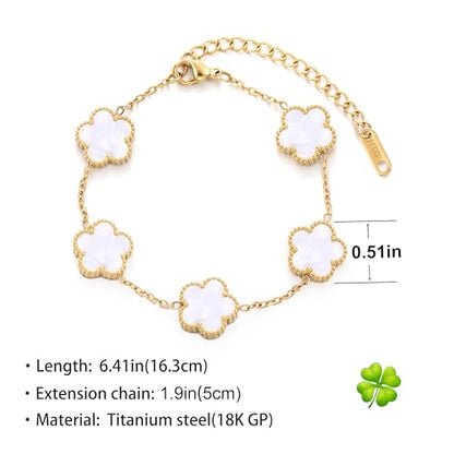 TICVSS Four Leaf Clover Bracelet for Women 18K Gold Plated Stainless Steel Lucky 4 Leaf Gold Link Bracelet Jewelry Gift for Women - color: White+Black
