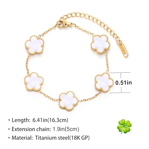 TICVSS Four Leaf Clover Bracelet for Women 18K Gold Plated Stainless Steel Lucky 4 Leaf Gold Link Bracelet Jewelry Gift for Women - color: White