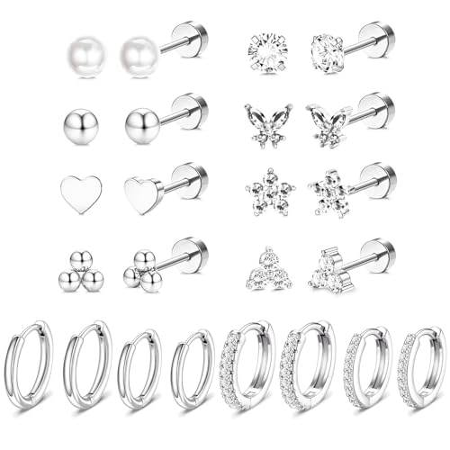 Stainless Steel Stud Earrings Set for Women Hypoallergenic Flat Back Cartilage Earrings Screw Back Huggie Hoop Earrings Multiple Piercing Cubic Zirconia Helix Tragus Jewelry - color: Set-B-Silver