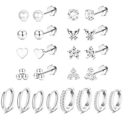 Stainless Steel Stud Earrings Set for Women Hypoallergenic Flat Back Cartilage Earrings Screw Back Huggie Hoop Earrings Multiple Piercing Cubic Zirconia Helix Tragus Jewelry - color: Set-B-Silver