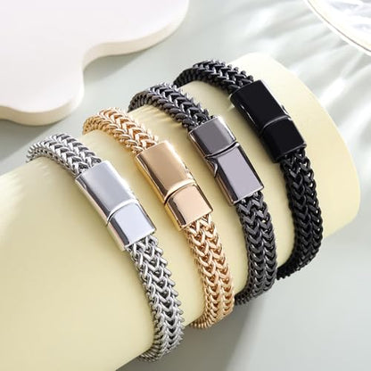 Braided Chain Bracelet 1-Pack - Stainless Steel Franco Link Bracelet with Push-Button Clasp (Gold, Silver, Black Options) - color: Silver