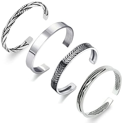 RIOSO 4Pcs Men's Cuff Bracelets Cuff Bracelet Leaves Pattern Twisted Open Cuff Bracelet