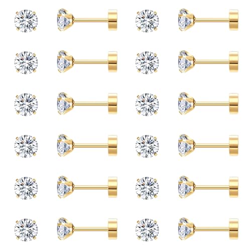 Ringcal Stainless Steel Stud Earrings Set Hypoallergenic Cubic Zirconia 14K White Gold CZ Earrings for Women - color: Gold-12Pairs-2mm