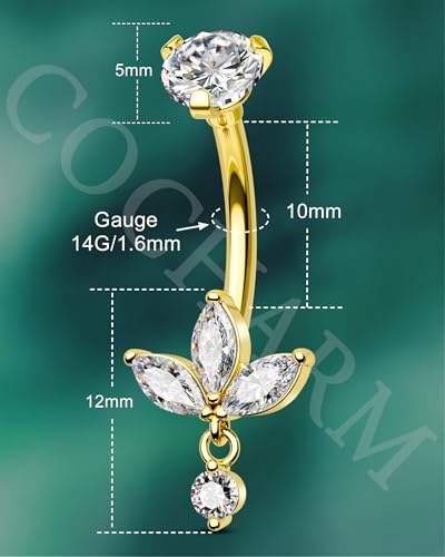 Lotus Belly Button Rings Dangle 14G Dangle Belly Navel Button Piercing Surgical Steel Navel Piercing Jewelry Dangling - color: YG-10MM