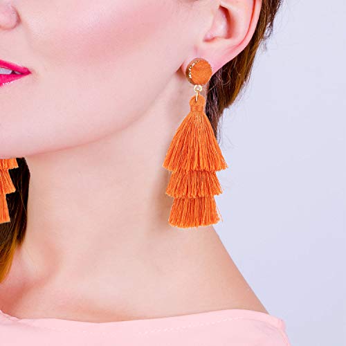 Bohemian Tiered Tassel Earrings with Druzy Stud for Women | Long Layered Fringe Drop Earrings, Statement Jewelry for Party Beach Festival - color: Orange