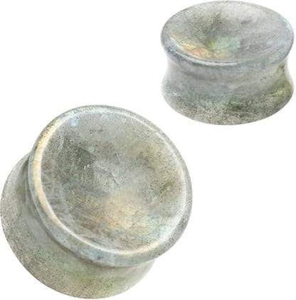 Pair of White Labradorite Stone Saddle Plug Double Flare Ear Lobe Plugs E604A - size: 1/2 Inch (12mm)