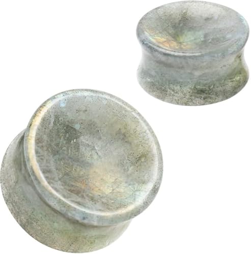 Pair of White Labradorite Stone Saddle Plug Double Flare Ear Lobe Plugs E604A - size: 9/16 Inch (14mm)