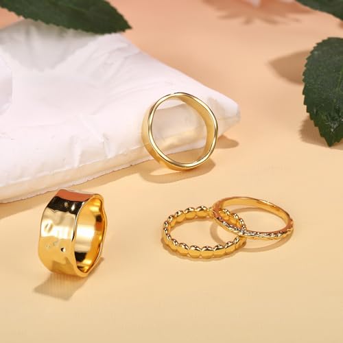 Stackable Chunky Gold Rings for Women Non Tarnish Dainty Silver Thumb Rings | 14K Gold Plated Stacking Rings Set,Trendy Gold Wedding Band Ring,Size 5-11 - color: 14K Gold Plated