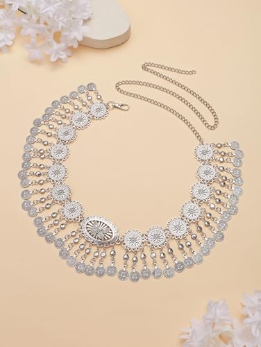 CHIC DIARY Metal Chain Belt for Women Coin Belly Link Tassel Belt for Dress | Boho Style Coin Pendant Tassel Belt Gold/Silver Adjustable Concho Belly Dance Belts for Dresses Skirts Jeans - color: Silver-dance