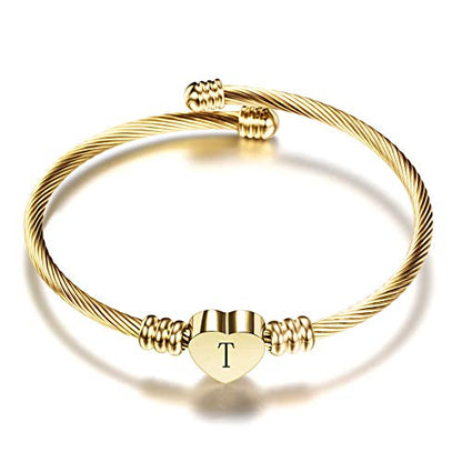VQYSKO Heart Initials Stainless Steel Bracelet fo Woman Jewelry Gift - color: Gold T