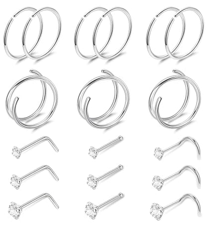 22G 18Pcs G23 Titanium Nose Rings Hoops for Sensitive Skin Double Nose Rings L Shaped Nose Studs Hypoallergenic Nose Piercings Jewelry - color: Silver