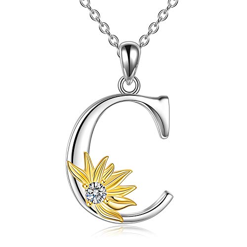 POPLYKE Initial Sunflower Necklace for Women 925 Sterling Sliver Sunflower Pendant Necklace Letter Initial Pendant Chain - style: Sunflower C