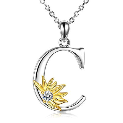POPLYKE Initial Sunflower Necklace for Women 925 Sterling Sliver Sunflower Pendant Necklace Letter Initial Pendant Chain - style: Sunflower C