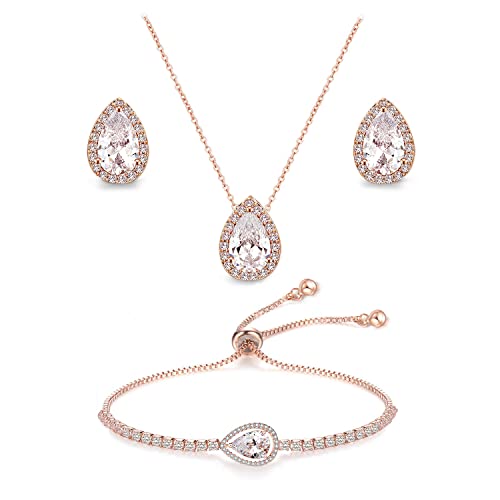 Teardrop Cubic Zirconia Jewelry Set Necklace Earrings Bracelet Bridal Wedding Jewelry for Women Bridesmaid Prom Party - color: 3 Set - Rose Gold Plated