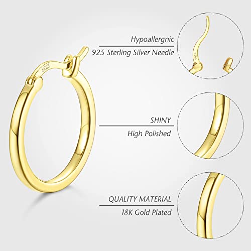 18K Gold Plated Hoop Earrings - 925 Sterling Silver Hoop Earrings Womens Hypoallergenic Hoops | Square Tube Hoop Earrings for Women 15mm/20mm/30mm/40mm - color: Gold 15mm