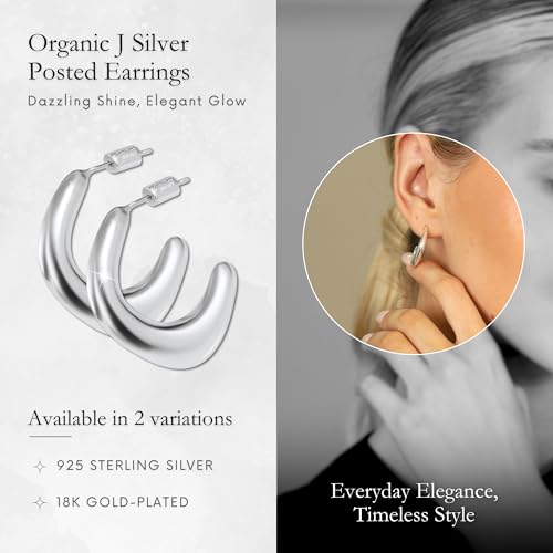 18K Gold Plated Sterling Silver Earrings for Women – Pure & Polished, Twist, Square, Hinged Tube, Abstract & Heart Shape Hoops – Lightweight, Hypoallergenic, Non-Tarnish Jewelry (Sizes: 3x35mm-46x30mm) - color: Silver, size: Abstract Shape (5x25mm)