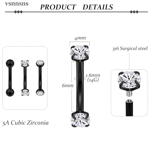 14G Small Belly Button Ring Piercing Jewelry 316L Stainless Surgical Steel Tiny Internally Threaded Navel Rings Belly Button Ring Piercing Jewelry for Women 14 Gauge Hypoallergenic - color: Black-6MM Bar-Clear CZ