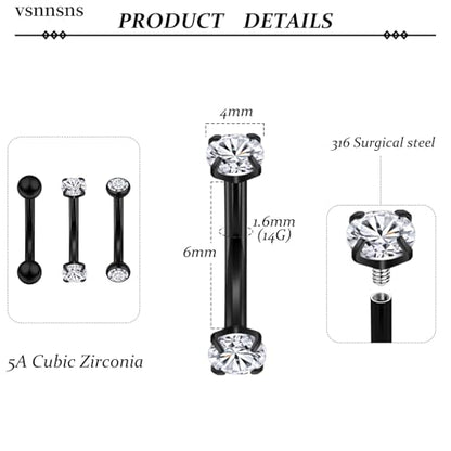 14G Small Belly Button Ring Piercing Jewelry 316L Stainless Surgical Steel Tiny Internally Threaded Navel Rings Belly Button Ring Piercing Jewelry for Women 14 Gauge Hypoallergenic - color: Black-6MM Bar-Clear CZ