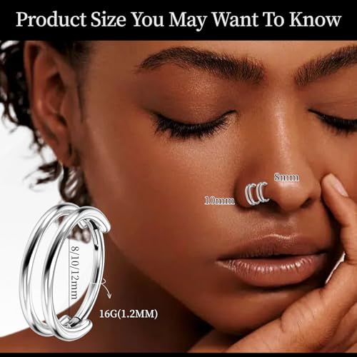 2 PCS Cartilage Earring Double Triple Hoop Nose Ring Titanium Conch Piercing Jewelry - color: Silver, size: 16g 8mm