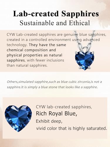CYW Genuine Sapphire/Emerald/Ruby/Moissanite Necklace for Women, Really Authentic Solid 925 Sterling Silver, 16"/18"/20" Adjustable Chain, Anniversary Mother's Day Valentines Gift - color: Sapphire - Heart - White Gold, size: 8mm