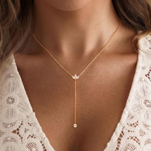 Long Necklaces for Women, Cute 14K Gold Plated CZ Drop Necklace | Dainty Gold Necklace, Simple CZ Teardrop Clover Y Shaped Lariat Necklace,Statement Non Tarnish Necklace, Trendy Gold Jewelry - color: Gold-Leaf Drop