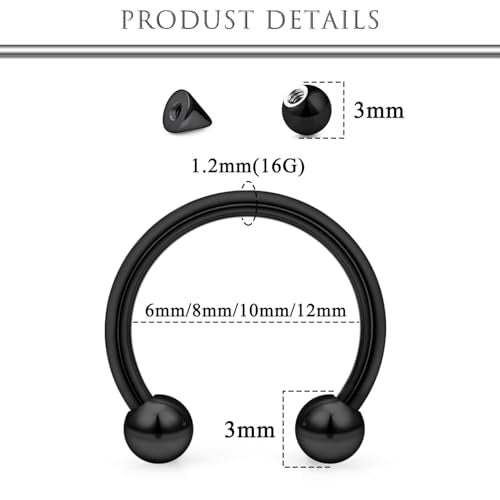 Hoeudjo 16G Horseshoe Septum Rings with Ball Grabber Tool Hypoallergenic Surgical Steel Septum Piercing Jewelry Lip Rings Smiley Piercing Jewelry for Women Men Diameter 6mm 8mm 10mm 12mm - color: black