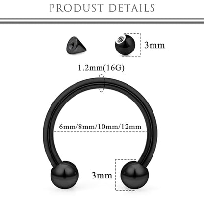 Hoeudjo 16G Horseshoe Septum Rings with Ball Grabber Tool Hypoallergenic Surgical Steel Septum Piercing Jewelry Lip Rings Smiley Piercing Jewelry for Women Men Diameter 6mm 8mm 10mm 12mm - color: black