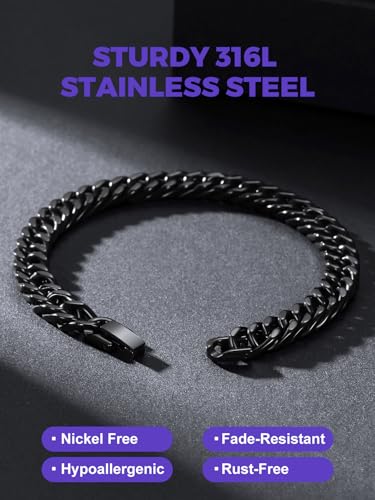 Richsteel Mens Cuban Link Bracelets, Silver/Black/14K Gold Plated Stainless Steel Bracelet for Men 8/12/17mm Width, 7.4/8.2/9 Inch Length Chain Wrist Bracelets With Gifts Box - style: 03-Black 6mm Width