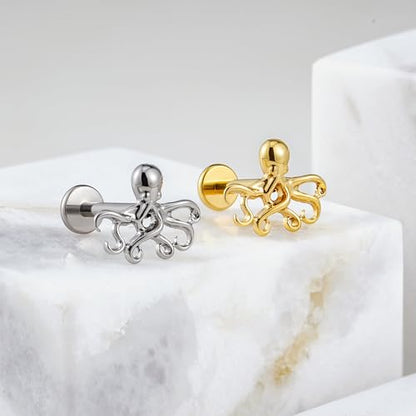 FINE4U 1PC 16G ASTM F136 Titanium Octopuses Piercings Jewelry with 6mm 8mm Post for Conch Helix Flat Labret 16G 6mm 8mm - color: Octopuses - Tit