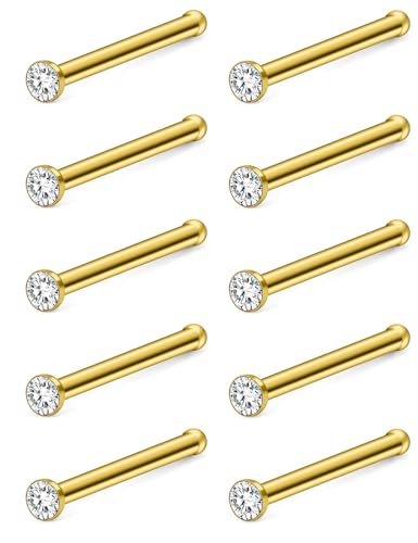 Hoeudjo Nose Studs Surgical Steel Cubic Zirconia Nose Rings Kit for Women Men Tiny Nose Stud Bone & Screw & L Shaped Nostril Piercing Jewelry 18/20/22/24 Gauge 10 Pieces - color: gold-tone,nose bone studs, size: 20g/1.5mm clear CZ
