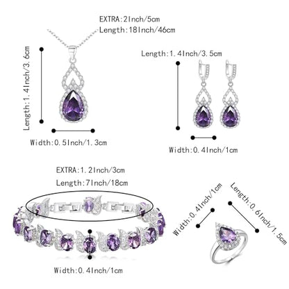 Wedding Jewelry Set for Women Bride Bridesmaid | Gorgeous Cubic Zirconia Teardrop Necklace Earrings Bracelet Adjustable Ring Jewelry Gift for Birthday/Anniversary - color: 08-Purple Silver-Tone