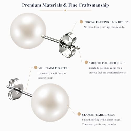 12 Pairs Simulated Pearl Stud Earrings Set for Women Men Beige White Black | 4 6 8 10 mm Faux Pearl Earrings Studs Pack, 316L Surgical Stainless Steel, Hypoallergenic for Sensitive Ears - color: Beige