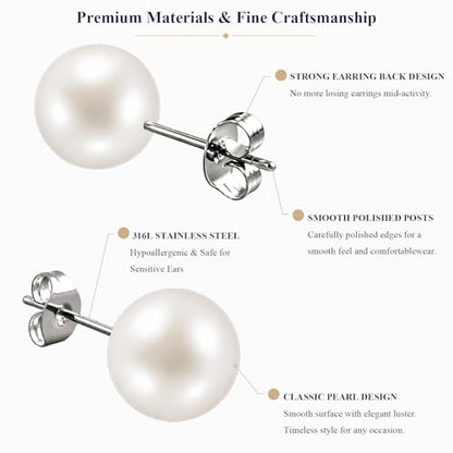 12 Pairs Simulated Pearl Stud Earrings Set for Women Men Beige White Black | 4 6 8 10 mm Faux Pearl Earrings Studs Pack, 316L Surgical Stainless Steel, Hypoallergenic for Sensitive Ears - color: Beige